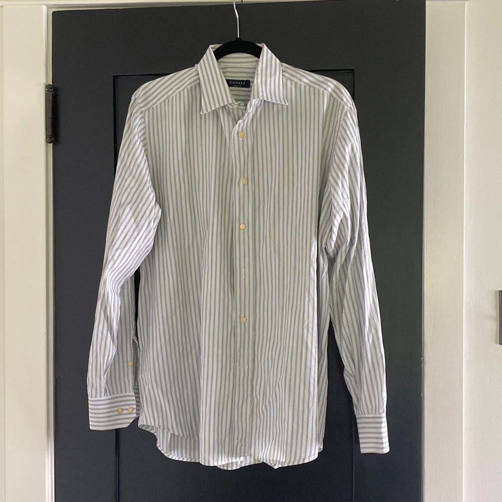 Men’s CANALI White Striped Button Down Dress Shirt Sz L